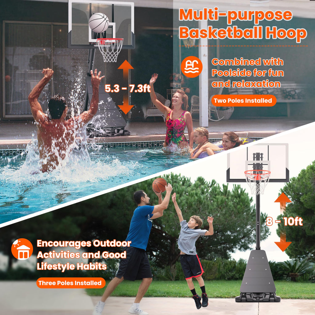 Feelwin Portable Basketball Hoop for Backyard Driveway, Adjustable Outdoor Basketball Goal with Stable Base and Shatterproof Backboard for Youth and Adults
