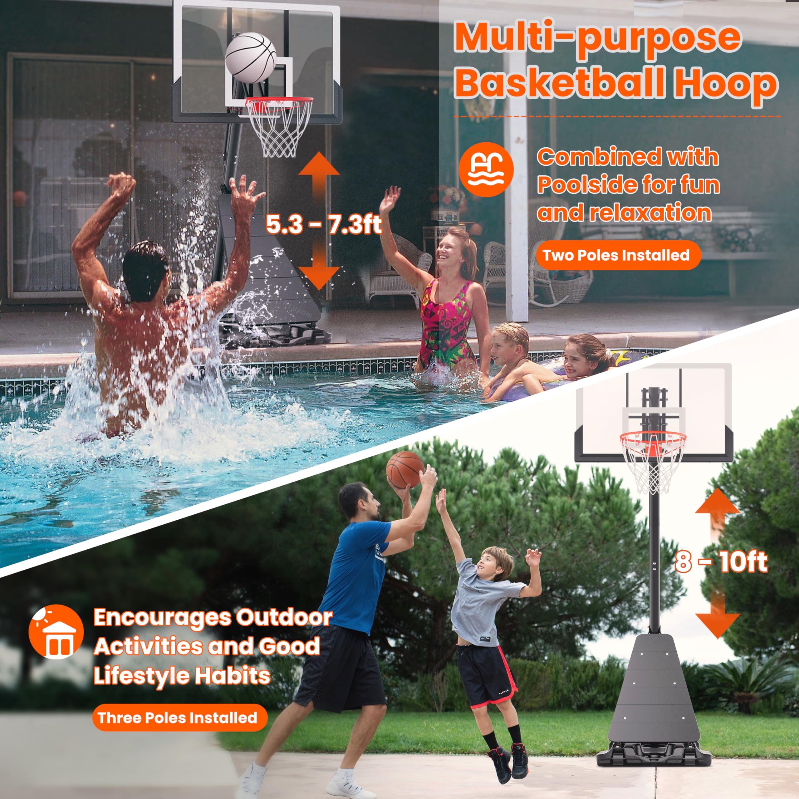 Feelwin Portable Basketball Hoop for Backyard Driveway, Adjustable Outdoor Basketball Goal with Stable Base and Shatterproof Backboard for Youth and Adults
