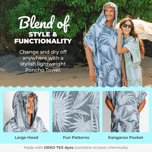 Nova Blue Black Jungle Surf Poncho - Adult Hooded Changing Towel | 100% Turkish Cotton, Quick Dry (33 X 37)