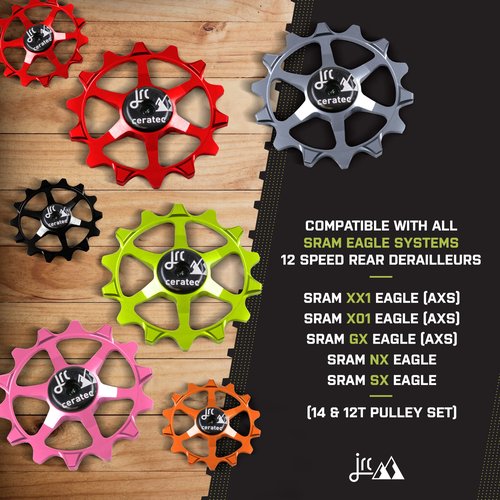 JRC Components Ceramic Derailleur Pulley Wheels | Pair of 14&12T Hybrid Ceramic Bearing - MTB Bike Rear Derailleur Wheels - Gold