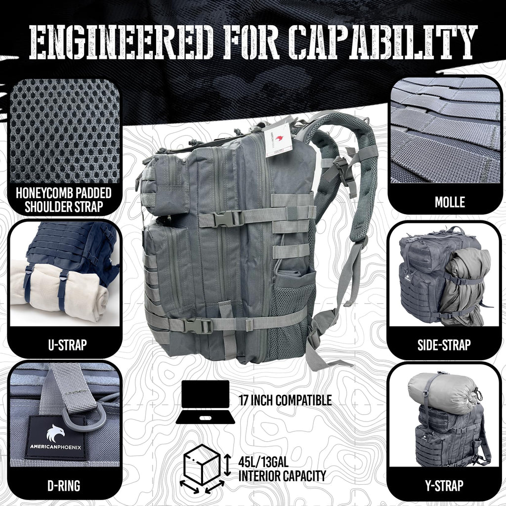 AMERICANPHOENIX 45L Elite Tactical Backpack | 3X Stronger Work & Military Backpack | Water Resistant and Heavy Duty | 3 Day MOLLE Bug Out Bag (Dune Brown)