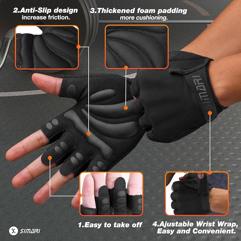 SIMARI Iron Black Medium Breathable Padded Weight Lifting Gloves – Full Palm Protection, Anti-Slip Grip