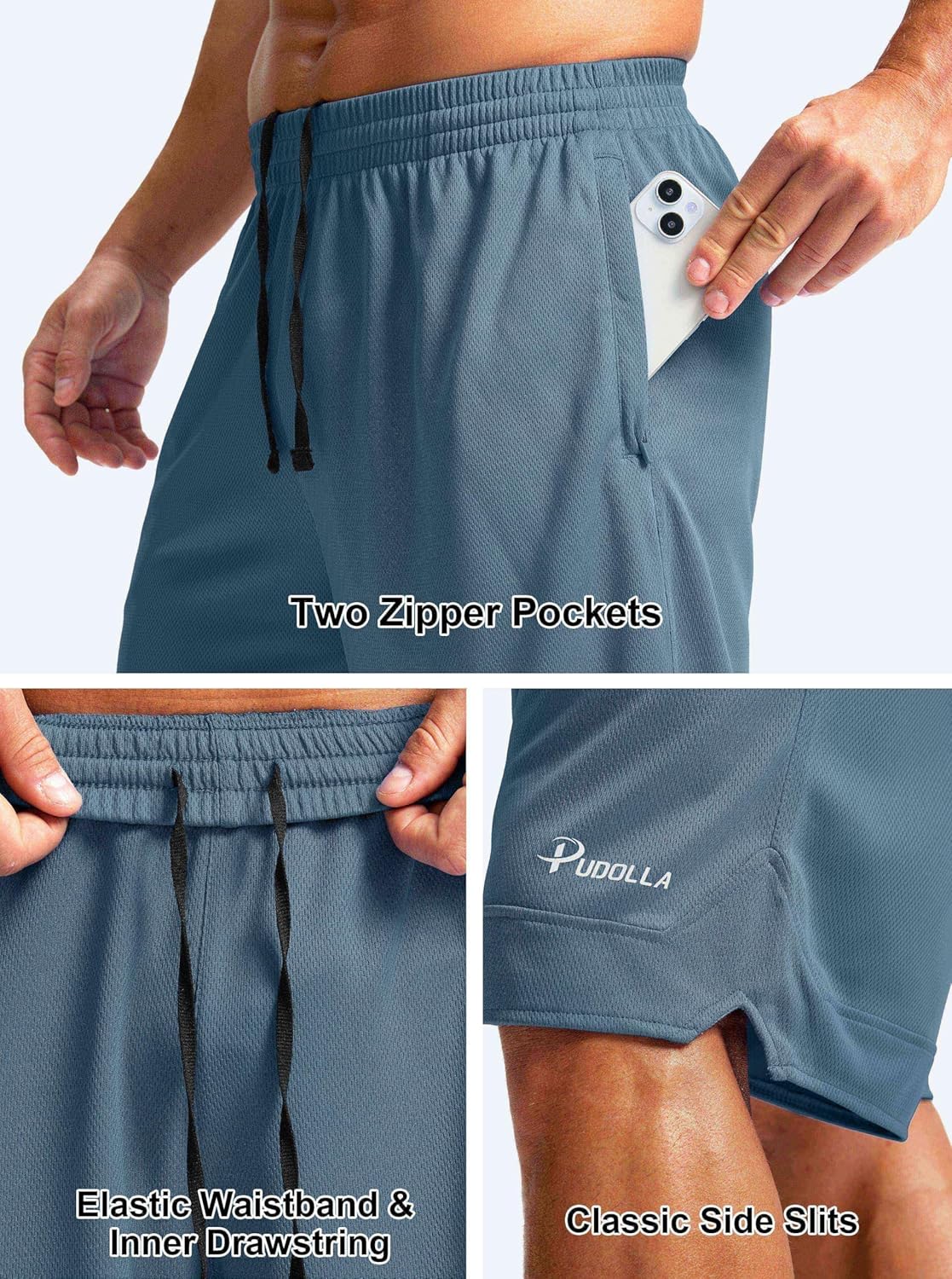 Pudolla Men's Basketball Shorts - Lightweight Quick-Dry Gym Shorts with Zipper Pockets | 11" Length