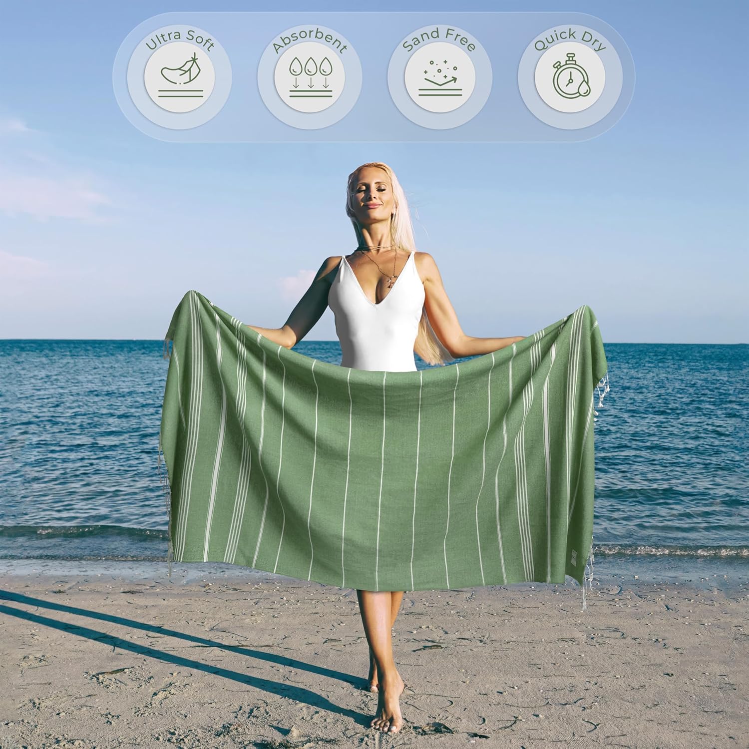 Ossano Turkish Beach Towel - Absorbent & Quick-Dry Oversized (39" x 71") | Versatile Yoga Mat, Picnic, Travel & Bath Towel - Green