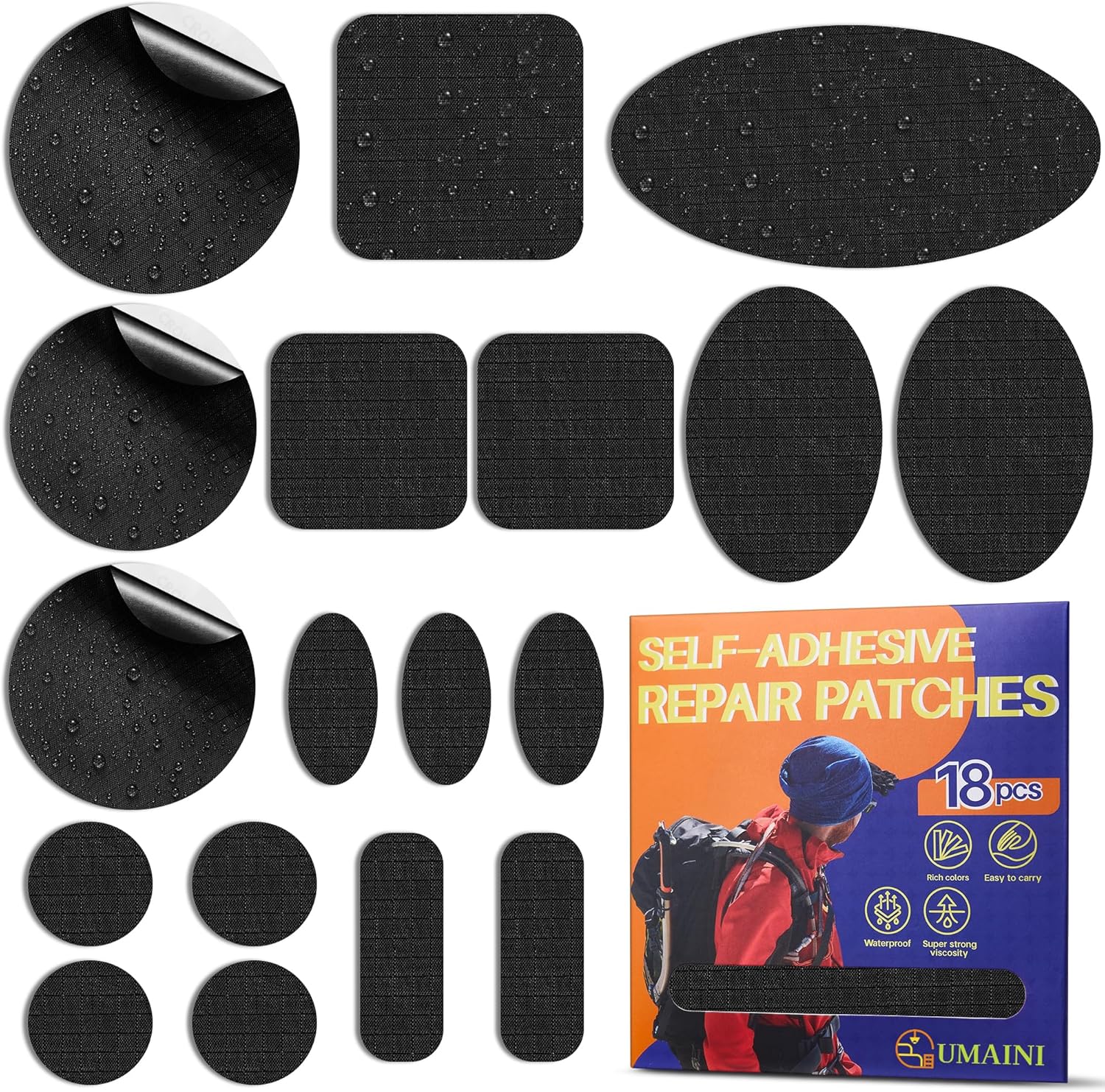 Tenacious | Down Jacket Repair Patch Kit - Waterproof Self-Adhesive Fabric Patches (18 Pcs, Black)