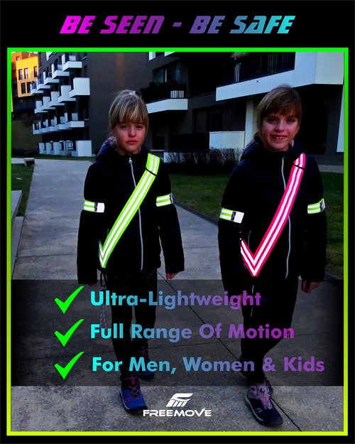 FREEMOVE Reflective SASH with 2 Reflective Arm Bands/Reflective Wristbands > Ultralight & Practical > Reflective Vest Gear for Your Visibility at Day & Night >for Dog Walking >for Women, Men, Kids