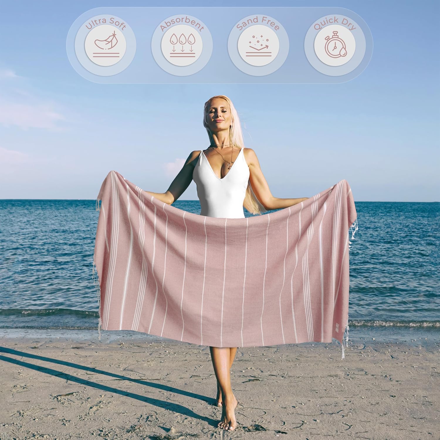 Turkish Beach Towel - Quick Dry & Absorbent Oversized (39" x 71") | Lightweight, Versatile for Beach, Picnic & Yoga - Powder