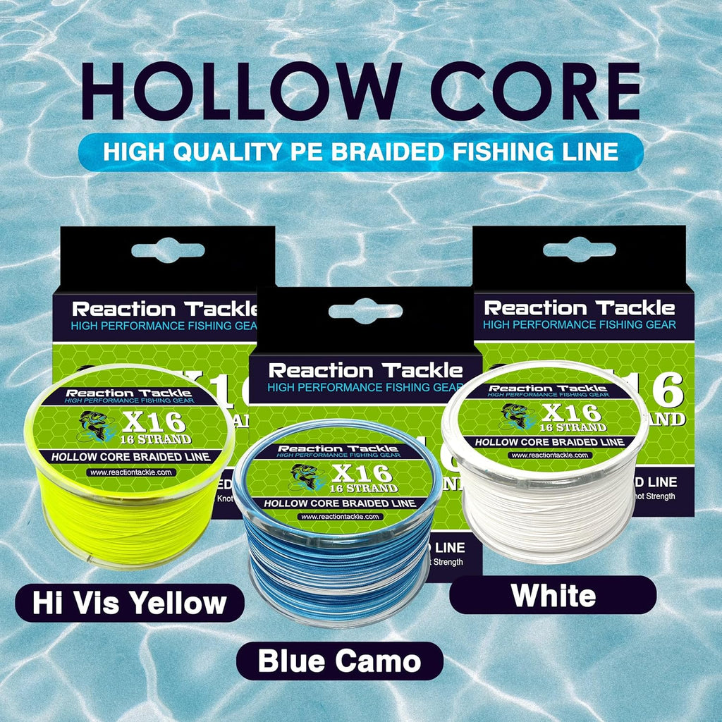 Reaction Tackle Hollow Core Braided Fishing Line - 16 Strand Braid for Freshwater & Saltwater Fishing