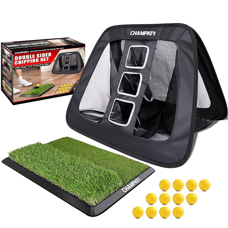 Champkey Double-Sided Golf Chipping Net with Dual Turf Mat, 12 Foam Balls