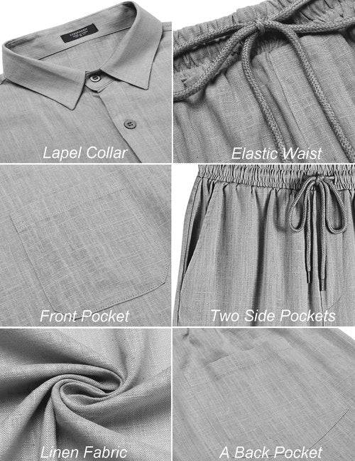 COOFANDY Men Linen Outfit Short Sleeve Beach Suit Slim Fit Lightweight Tracksuit