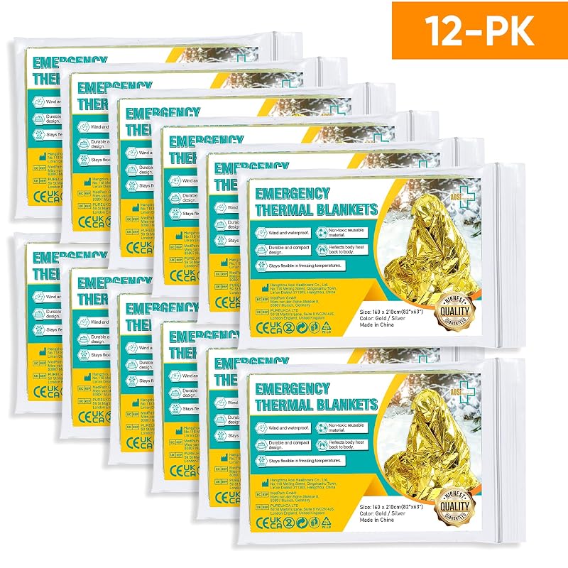 Emergency Blanket (12-Pack) Gold Foil Thermal Blankets 210x160cm – Outdoor, Hiking, Survival