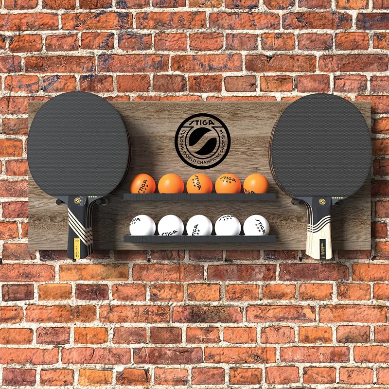 STIGA Ping Pong Wall Rack Storage – Holds 6 Paddles & 10 Balls, Brown