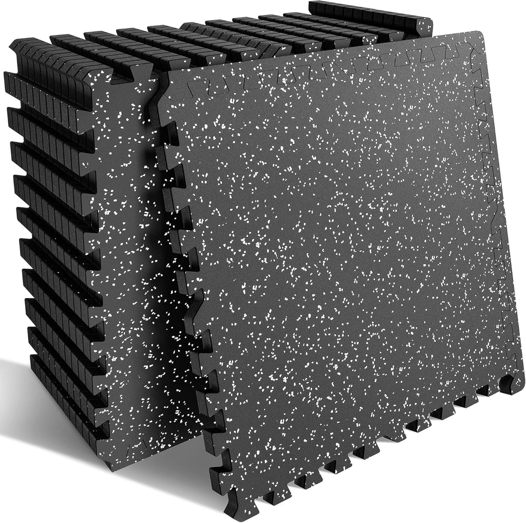 PRAISUN Gym Flooring - 0.6" Thicker Rubber Interlocking Mats | 12 Pcs, 48 Sq Ft, Black/Grey