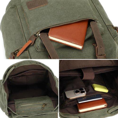 Bluboon Canvas Vintage Backpack Leather Casual Bookbag Men Rucksack (Green)