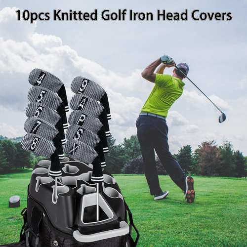 LeFeng 10 Pieces 4-9/A/P/S/X Knitted Golf Iron Head Covers Set Lightweight and Durable Material Multiple Patterns Golf Club Head Covers (Black Scale)