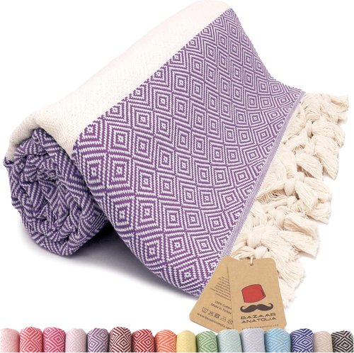 Bazaar Anatolia Turkish Beach Towel - Oversized 100% Cotton, Quick Dry & Sand Free - 71x39 Inches, Diamond Purple