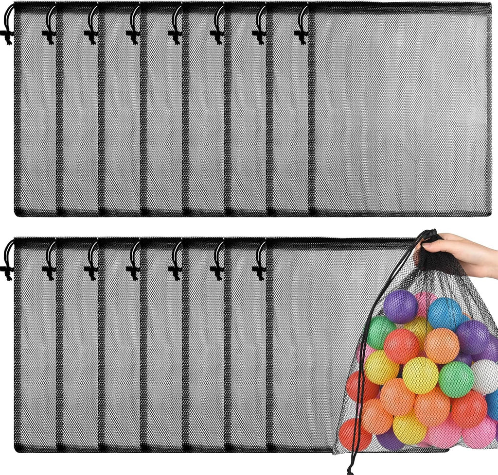 PLULON Mesh Laundry Bags - 15 Pcs Drawstring Nylon Bags for Pool & Beach Toy Storage - 13 x 15.5 Inch (Black)