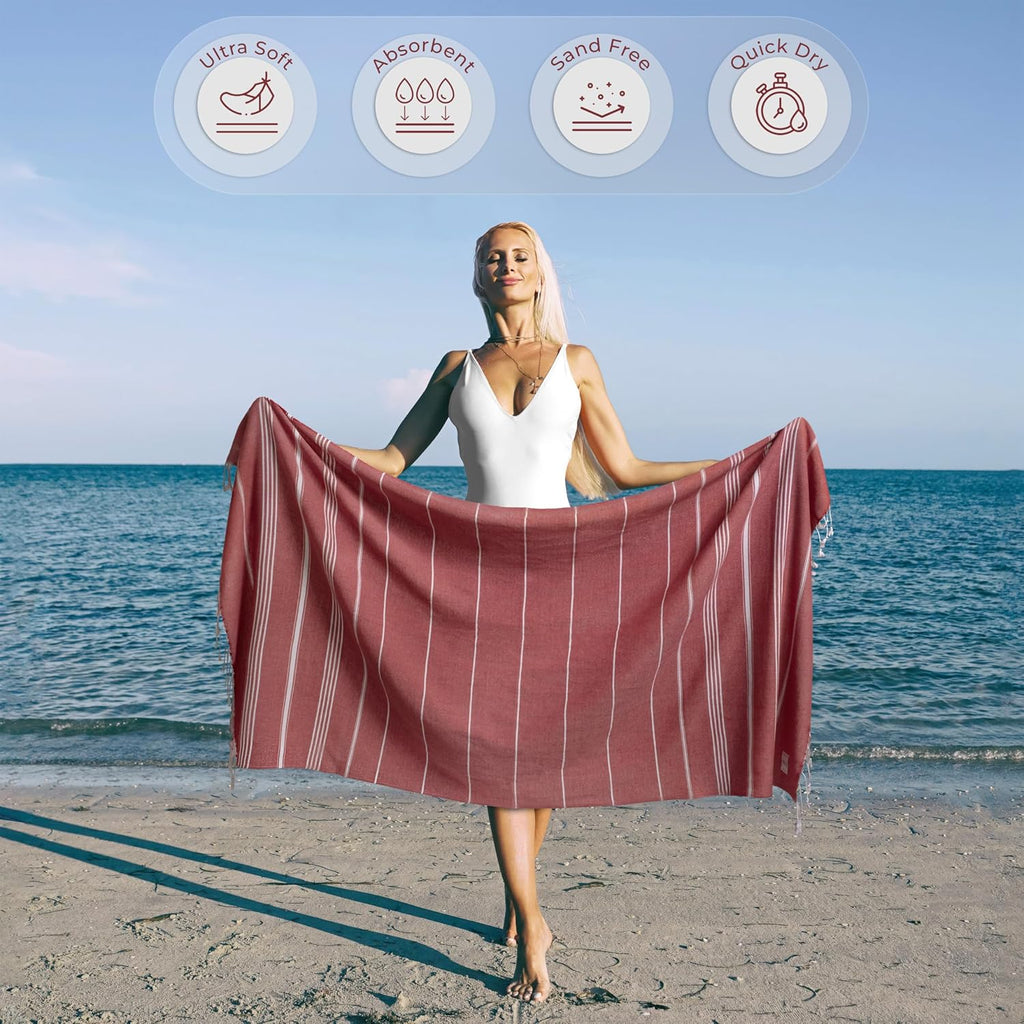 Turkish Beach Towel - Soft, Sand-Free Extra Large (39" x 71") | Quick-Dry, Versatile for Pool, Bath, Travel & Picnics - Rose Red