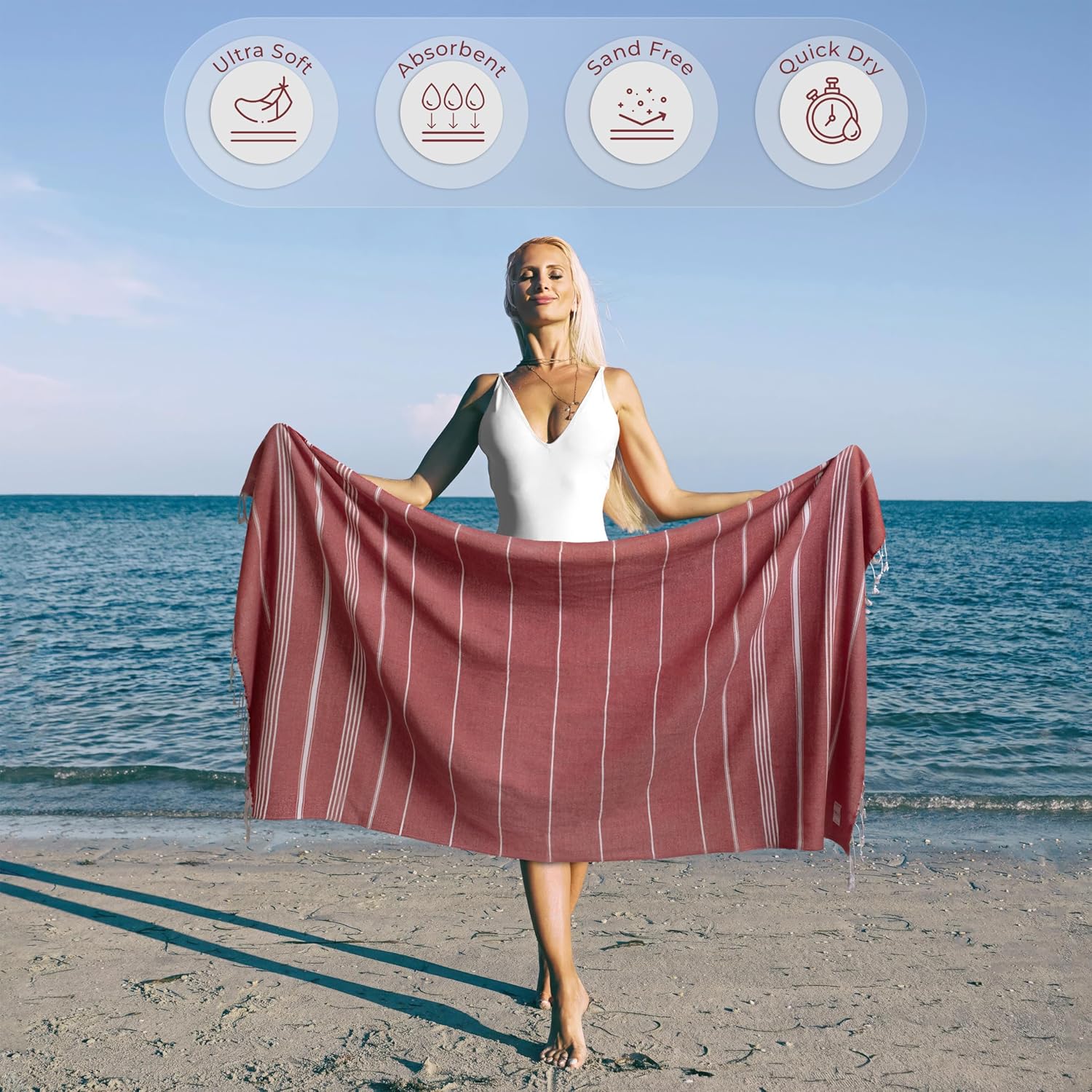 Turkish Beach Towel - Soft, Sand-Free Extra Large (39" x 71") | Quick-Dry, Versatile for Pool, Bath, Travel & Picnics - Rose Red