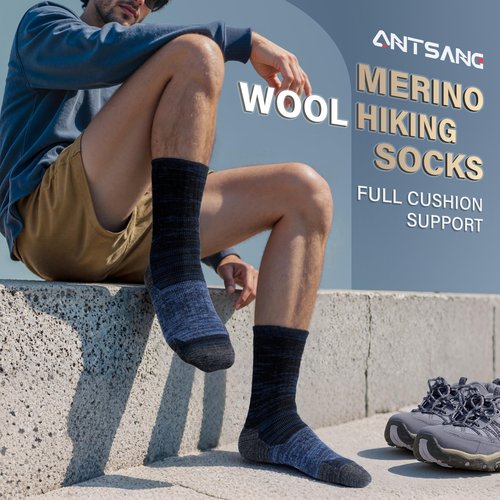 ANTSANG Merino Wool Hiking Socks, Full Cushion Thick Thermal Crew Socks for Men and Women, 4 Pairs(Dark Mixed, L)