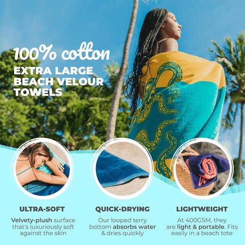 Nova Blue Beach Towel - Vibrant Tropical Design in Orange & Teal | 100% Cotton, 34 x 63 Inches