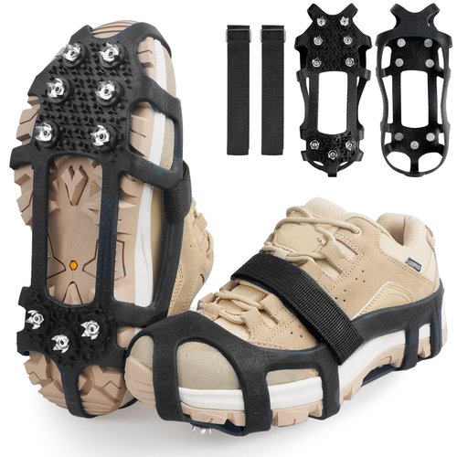 Crampons Ice Cleats for Shoes and Boots Snow Traction Cleats for Walking on Snow and Ice 9 Point Cleats Non-Slip Grippers Overshoe Silicone Stretch Footwear for Winter Hiking Climbing Ice Fishing