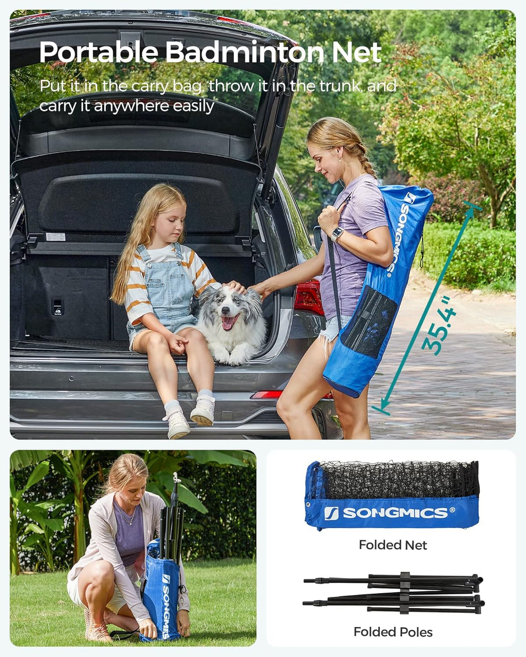 SONGMICS Adjustable Badminton & Volleyball Net - Foldable Nylon for Kids & Juniors | 10ft/13ft/16.5ft Wide