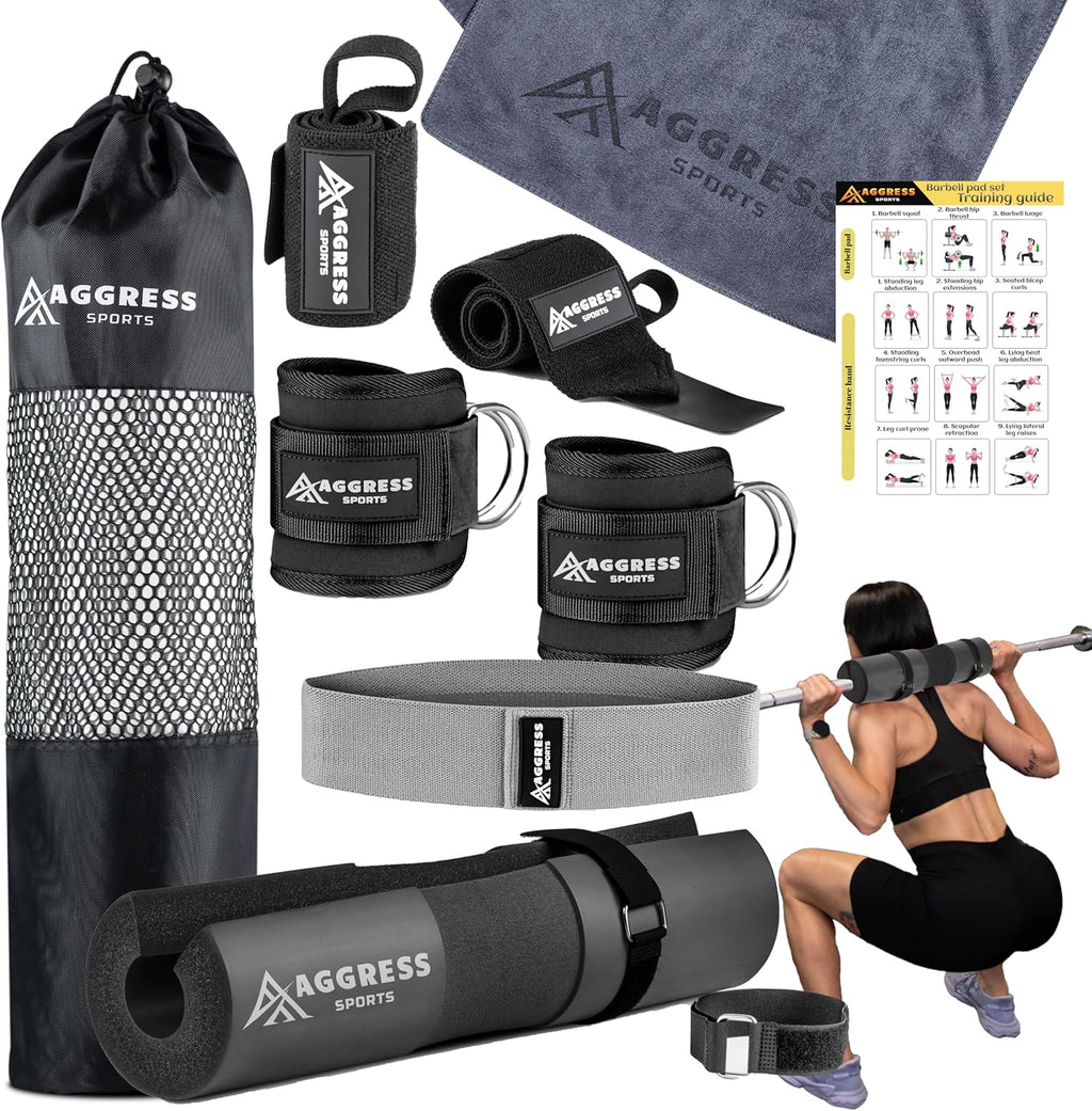 Premium Barbell Pad Set - Hip Thrust & Squat Pad with Ankle Straps & Resistance Bands | Gym Accessories for Women