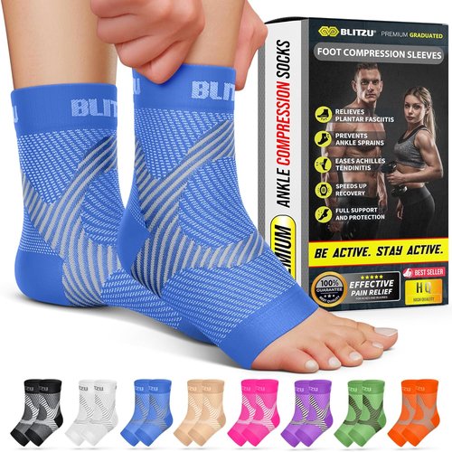 BLITZU Compression Socks - Plantar Fasciitis & Achilles Tendonitis Relief | Ankle Support Sleeve, Blue XXL