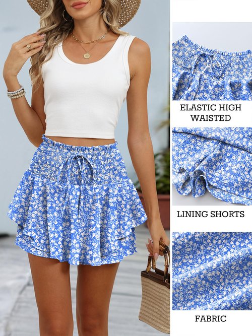 Caracilia Summer Shorts for Women Flowy Mini Skirts Elastic High Waist 2026 Tiered Ruffle Casual Golf Tennis Short Skorts Blue White Floral Medium