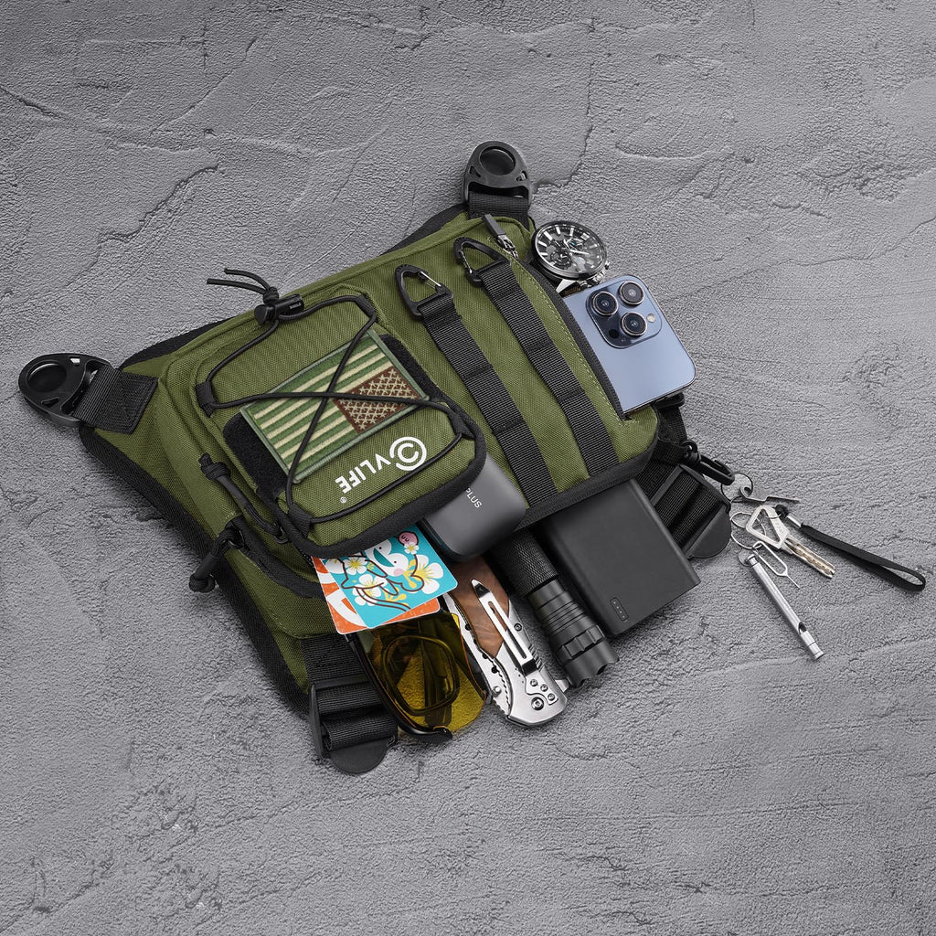 CVLIFE Outdoor Chest Bag for Men, Tactical Chest Pack with Phone Holder, Adjustable Running Vest Bag with Extra Storage, Lightweight Anti-theft EDC Rig for Hiking, Cycling, Sports, Workouts, Green