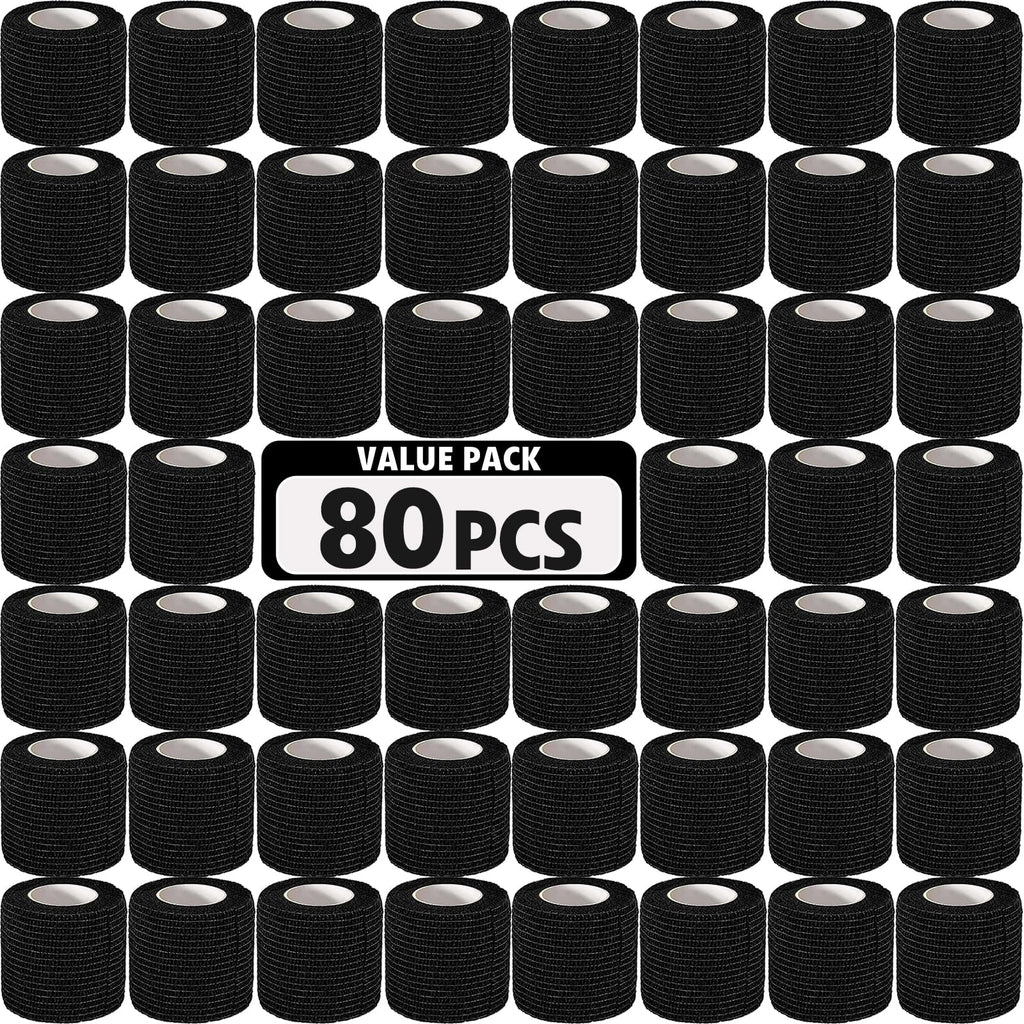 AZEN 80 Pack Self Adhesive Bandage Wrap Black, 2" X 5 Yards Black Athletic Tape, Vet Wrap, Tattoo Grip Tape Wrap，Ankle Tape, Cohesive Bandage Wrap
