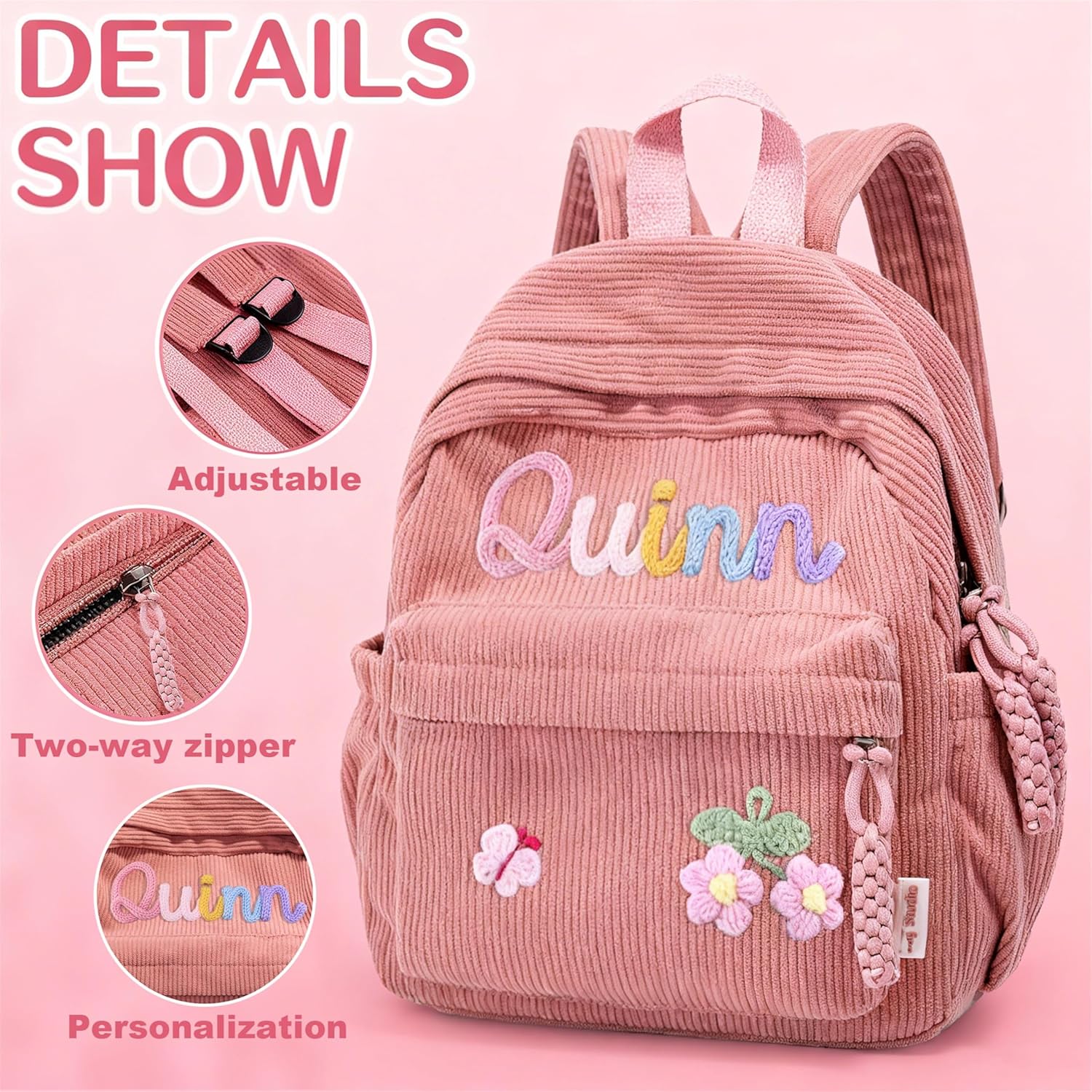 WANSHUNLMI Personalized Corduroy Kids Backpack - Custom Name School Bag in Pink | Toddler Size S & M