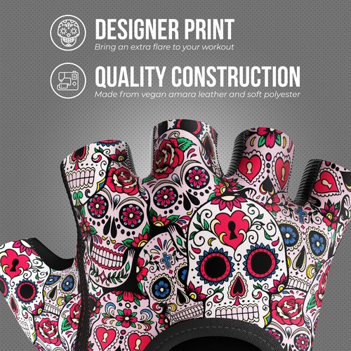 Contraband Pink Label 5237 Designer Series Workout Gloves for Women | Sugar Skull Print Weight Lifting Gloves for Women w/Grip-Lock Padding | Gym Gloves for Women w/Medium Padding (White, Large)