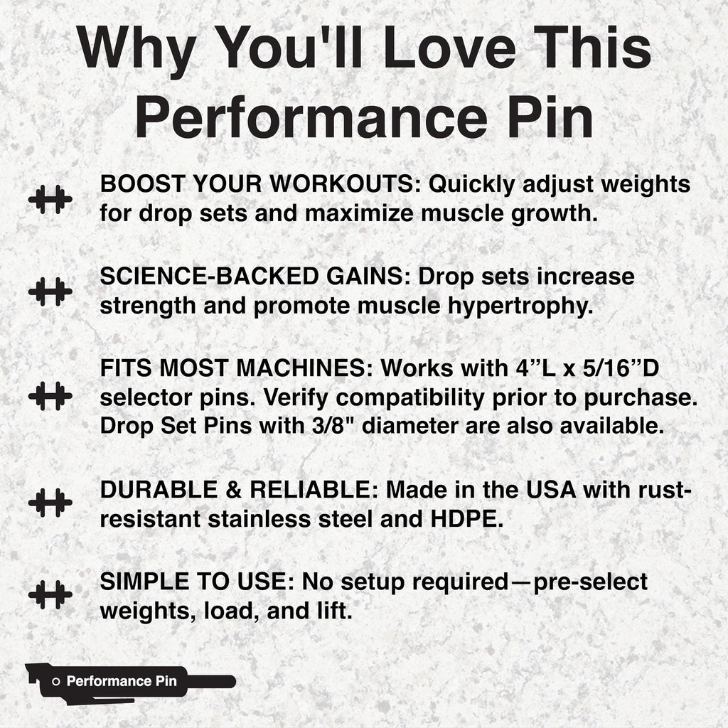 PERFORMANCE PIN The Original Drop Set Pins for Gym | One More Rep with Weight Stack Pins | Instant Transition to Lower Weights for More Reps | Proudly Made in America | 5/16" Pin | Black