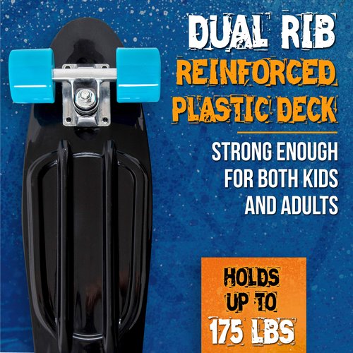 Flybar 22 Inch Complete Plastic Grip Tape Cruiser Skateboard Custom Non-Slip Deck Multiple Colors (NERF Blue Black)