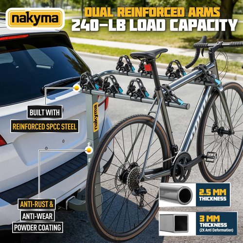 Upgraded Hitch Bike Rack for 4 Bikes, 240LBS Max Load Hanging Bike Carrier for Car, SUV, Truck & RV with 2” Receiver, High-Strength Double Arms