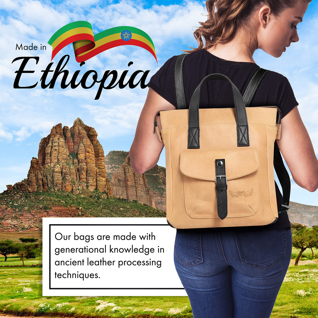 ORNA'S LEATHER ART | Mini SWAN Everyday leather backpack for Women. Practical, Stylish and Spacious Women’s Bag. Real Leather in A Chic Backpack And Contemporary Design (Sand)