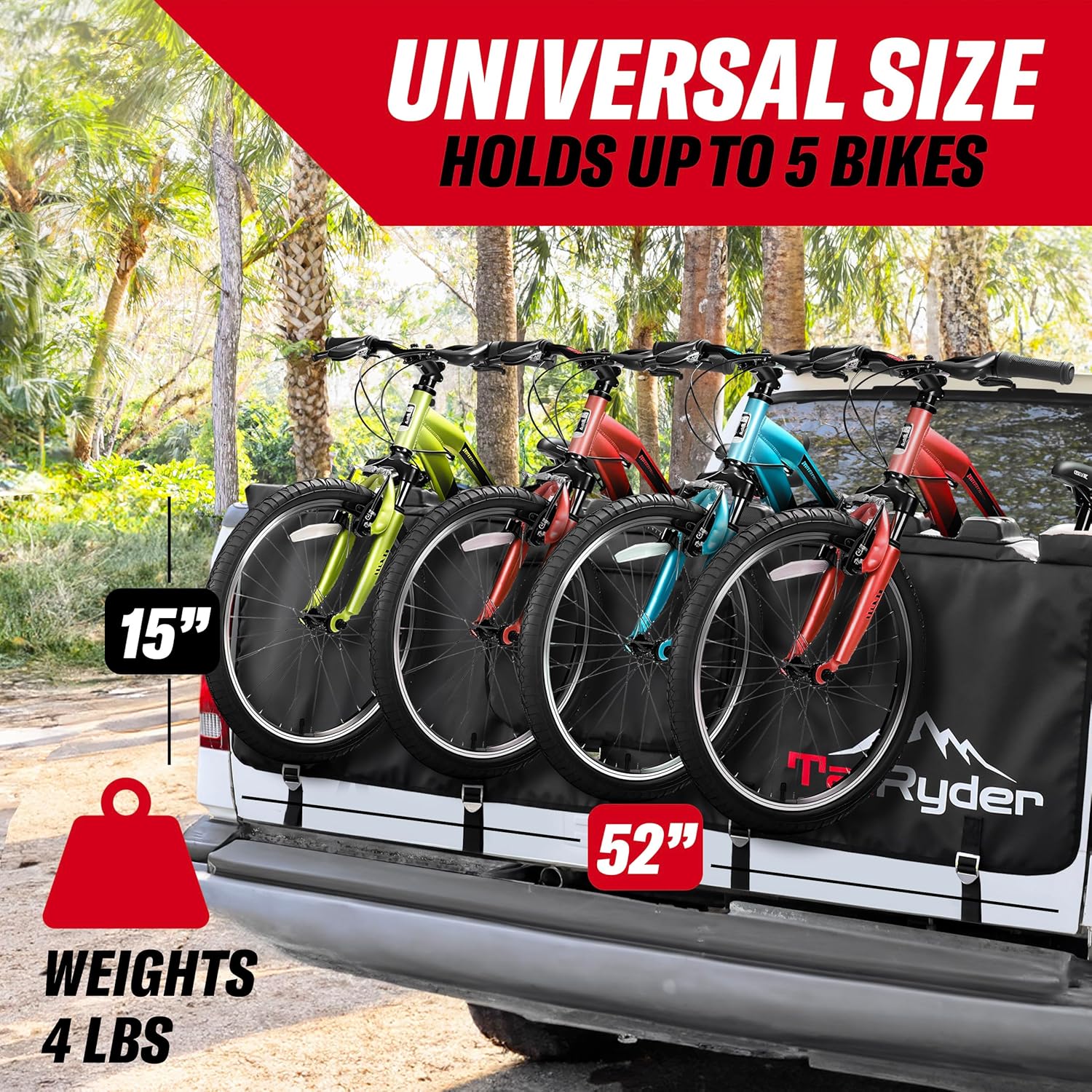 Truck Bike Tailgate Pad - 5-Bike Bed Rack Holder with Reversed Straps & Premium Metal Buckles