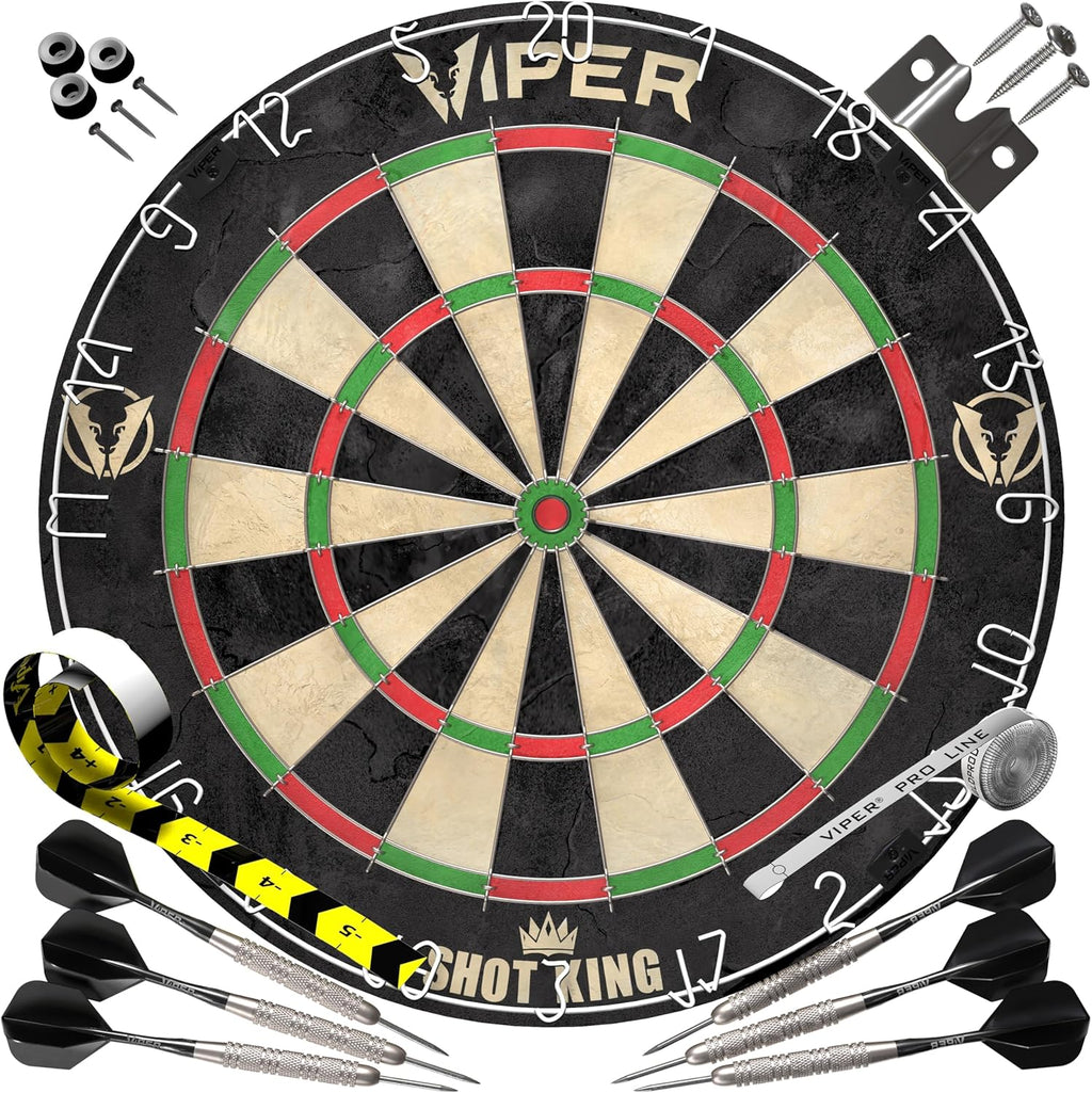 Viper by GLD Products Shot King Dartboard Set - Regulation Bristle Steel Tip with Rotating Number Ring & 6 Darts - Black