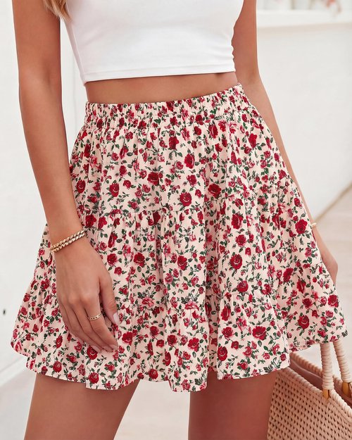 BTFBM Summer Skirts for Women 2026 Floral High Waist Shorts Underneath Boho Tiered Flowy Tennis Skorts Casual Mini Skirt(Floral Apricot Red, Large)