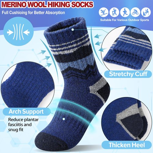 EBMORE Kids Merino Wool Hiking Socks Boys Toddlers Girls Winter Thermal Thick Warm Boot Cushion Ski Snow Gift Socks Stocking Stuffers 6 Pair(Black/Gray/Blue/Deep Green,4-7 Years)