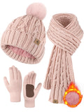 Winter Hat Scarf Gloves Set,Fleece Lined Pom Pom Beanie Hat Warm Knit Long Scarf Touchscreen Gloves Winter Gifts for Women Pink