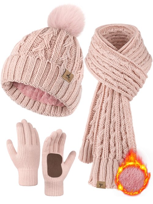 Winter Hat Scarf Gloves Set,Fleece Lined Pom Pom Beanie Hat Warm Knit Long Scarf Touchscreen Gloves Winter Gifts for Women Pink