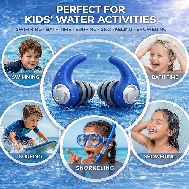 Waterproof Ear Plugs for Adults & Kids, 3 Pairs—Soft Silicone, Blue/Orange/Sky Blue (Variation: Blue, Orange, Sky Blue-Kids)