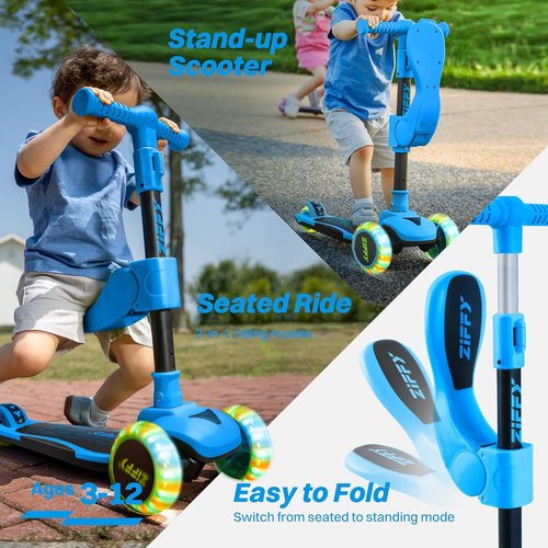 JOVA ZIFFY 2-in-1 Toddler Scooter - Foldable Light-Up 3-Wheel Design for Kids 3-12, Anti-Slip Deck, Adjustable Height