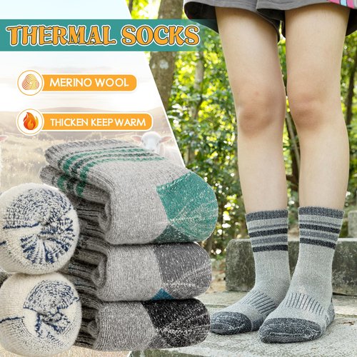 SeeyAN Kids Merino Wool Hiking Socks Boys Girls Thermal Winter Warm Boot Toddlers Thick Cushion Socks 4 Pairs (4 Pairs Grey Stripe A, 4-7 Years)