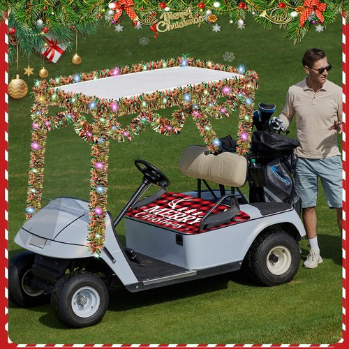 gisgfim Christmas Golf Cart Seat Covers 1 Pcs for 1 Person Seats 33ft Christmas Garland with LED Lights Red and Black Checkered Xmas Decorations Golf Cart Decorations Accessories, 51L x 31W Inches