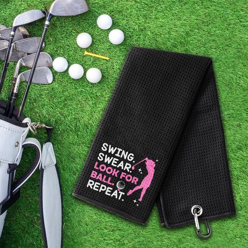 HEIFAM Swing Swear Look for Embroidered Pink Golf Towel Funny with Carabiner Clip Microfiber, Funny Golf Towels for Golf Bags for Grandma Mom Sister, Christmas Retirement Gift for Golfers, 16"X23"