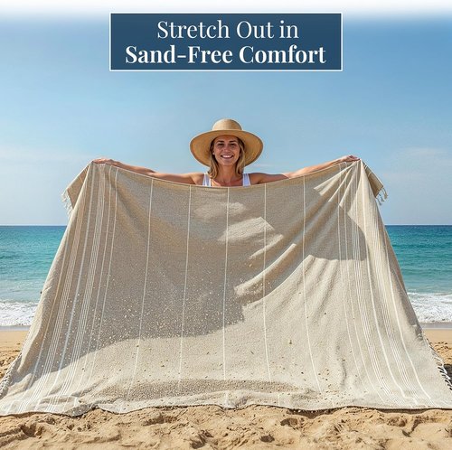 **LANE LINEN Turkish Beach Blanket - Sandproof, Lightweight & Quick-Dry, 82"x82", Perfect for Summer Vacations & Yoga - Beige**